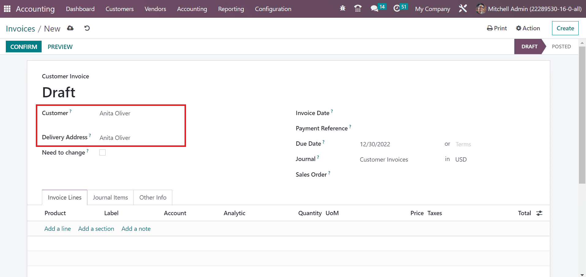 Create a Customer Invoice in Odoo 16