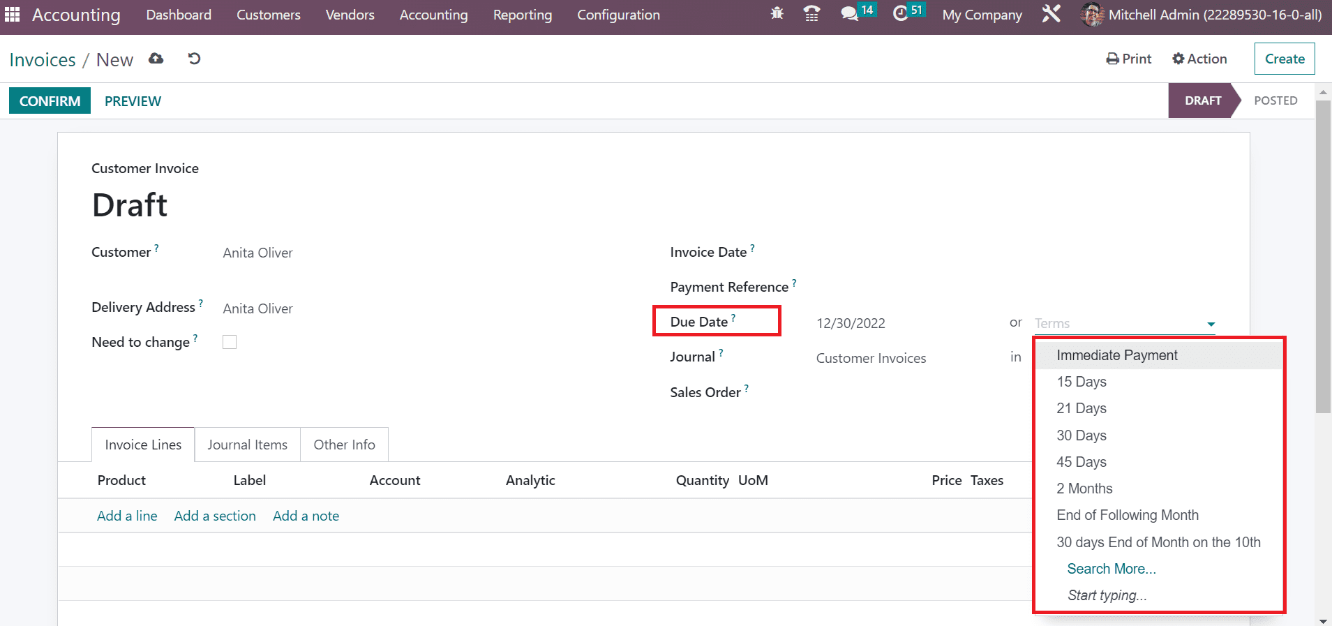 Create a Customer Invoice in Odoo 16